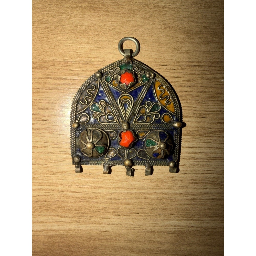 Tiznit Morocco Maghreb Silver Enamel Berber Pendant Necklace 20th Century